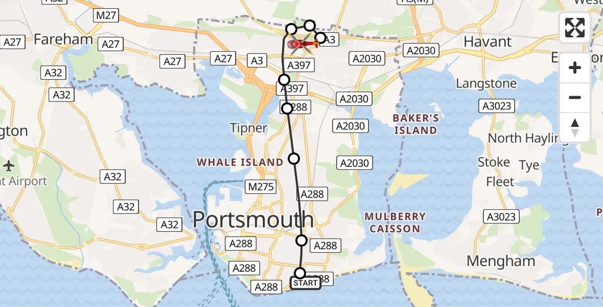 Flight route Air Ambulance Helicopter Portsmouth - Cosham, 16 June 2026, 11:08