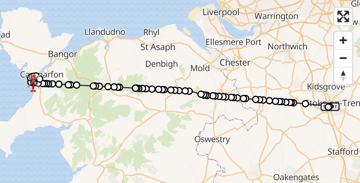 Flight route Air Ambulance Helicopter University Hospital North Staffs - Caernarfon Airport, 16 June 2026, 11:16
