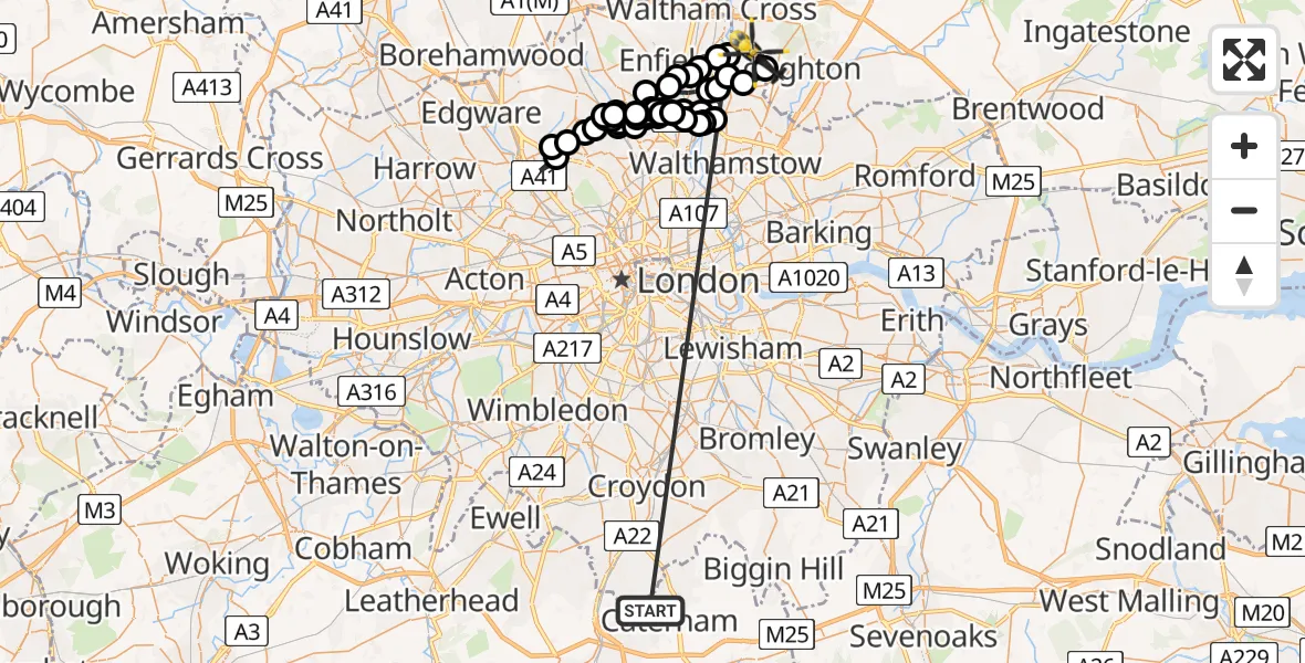 Flight route Police Helicopter Caterham on the Hill - Metropolitan Police Air Support Unit Lippitts Hill, 16 June 2026, 11:23