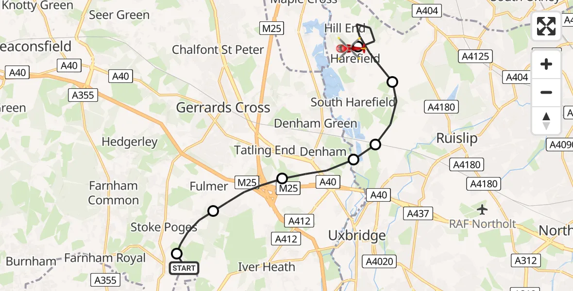 Flight route Air Ambulance Helicopter Wexham Park Hospital - Harefield Hospital, 16 June 2026, 11:24