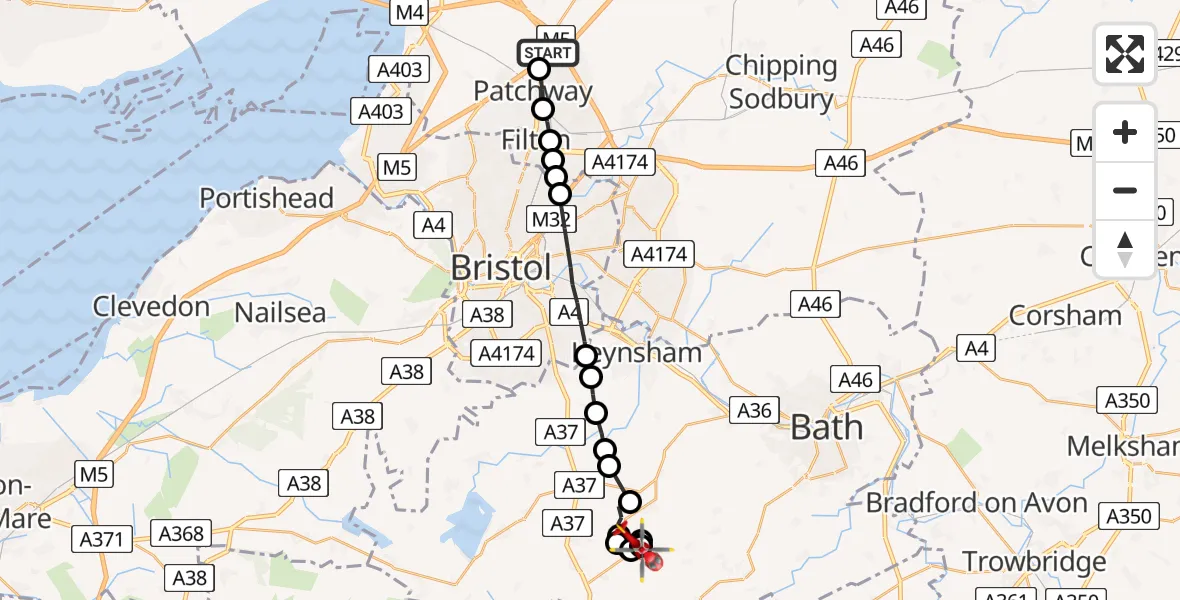Flight route Air Ambulance Helicopter Almondsbury Helicopter Base - Timsbury, 16 June 2026, 11:31