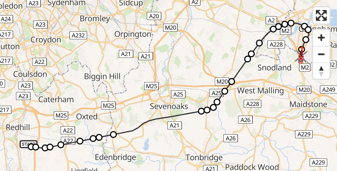 Flight route Air Ambulance Helicopter Redhill Aerodrome - Rochester Airport, 16 June 2026, 11:33