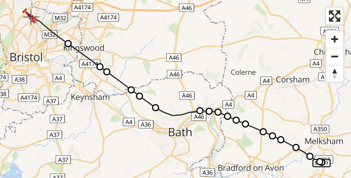 Flight route Air Ambulance Helicopter Wiltshire Air Ambulance - Bristol, 16 June 2026, 11:36