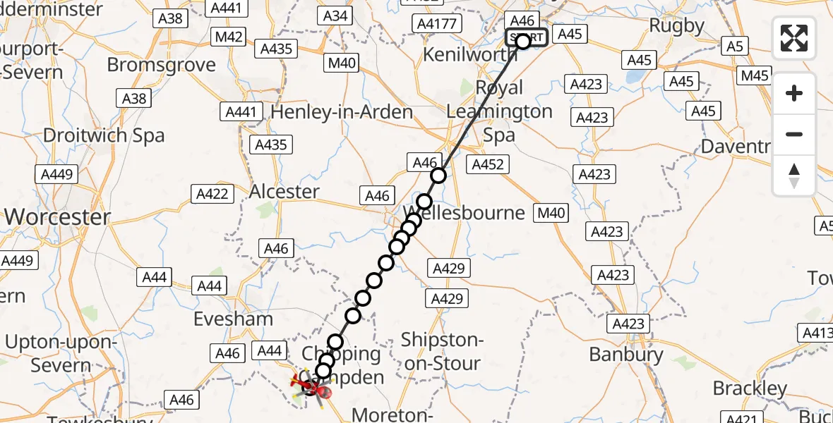 Flight route Air Ambulance Helicopter Coventry Airport - Broadway, 16 June 2026, 11:37