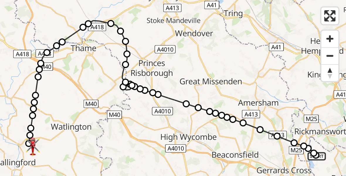 Flight route Air Ambulance Helicopter Harefield Hospital - RAF Benson, 16 June 2026, 11:38