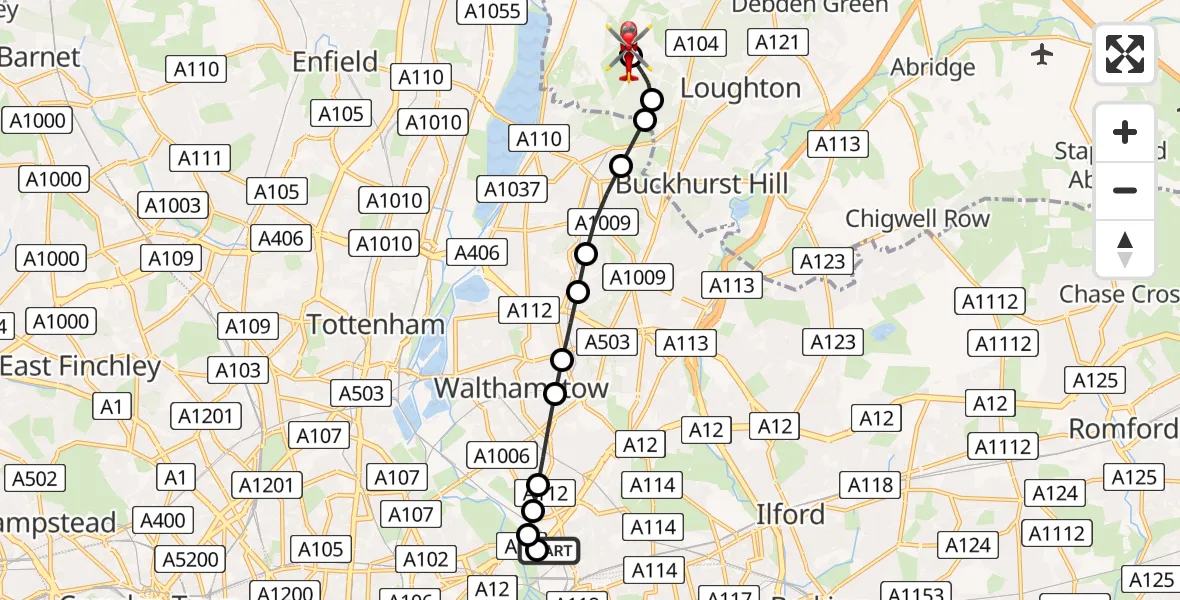 Flight route Air Ambulance Helicopter Stratford - Metropolitan Police Air Support Unit Lippitts Hill, 16 June 2026, 11:38