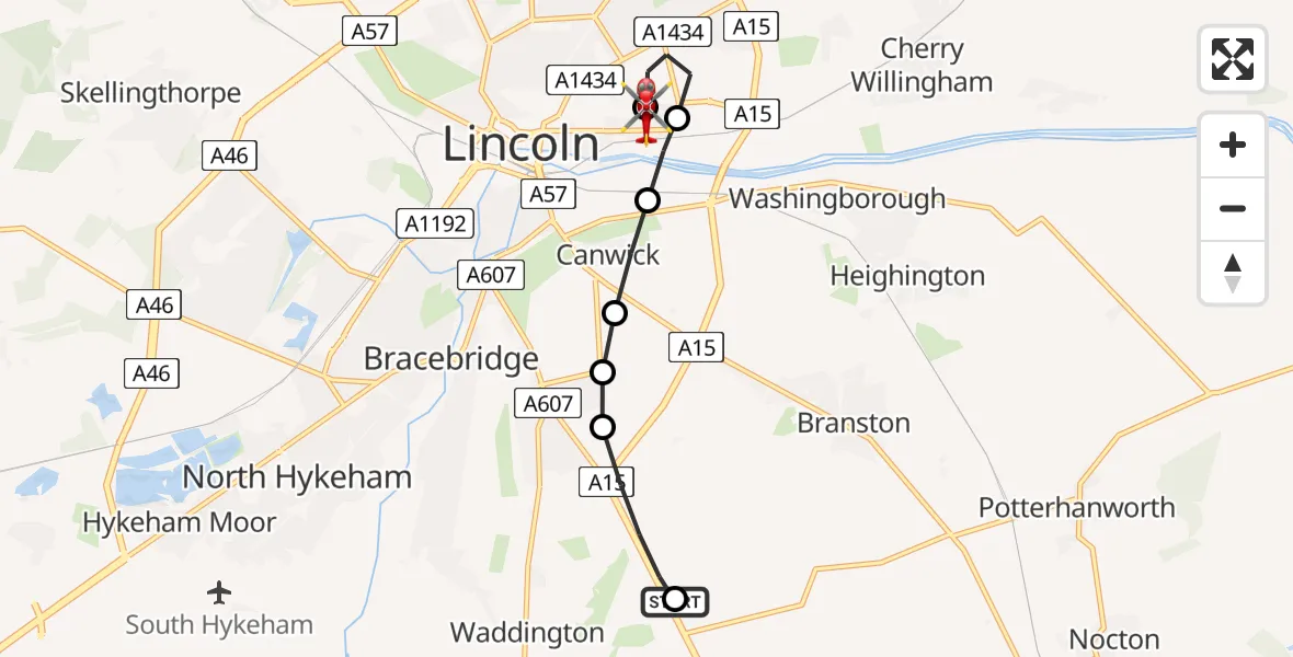 Flight route Air Ambulance Helicopter RAF Waddington - Bracebridge, 16 June 2026, 12:09