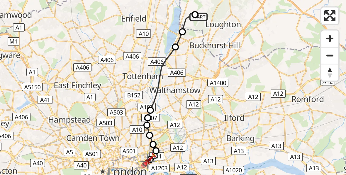 Flight route Air Ambulance Helicopter Metropolitan Police Air Support Unit Lippitts Hill - Royal London Hospital, 16 June 2026, 12:10