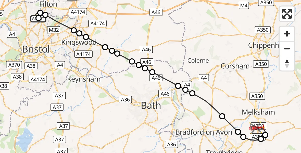 Flight route Air Ambulance Helicopter Southmead Hospital - Melksham, 16 June 2026, 12:14