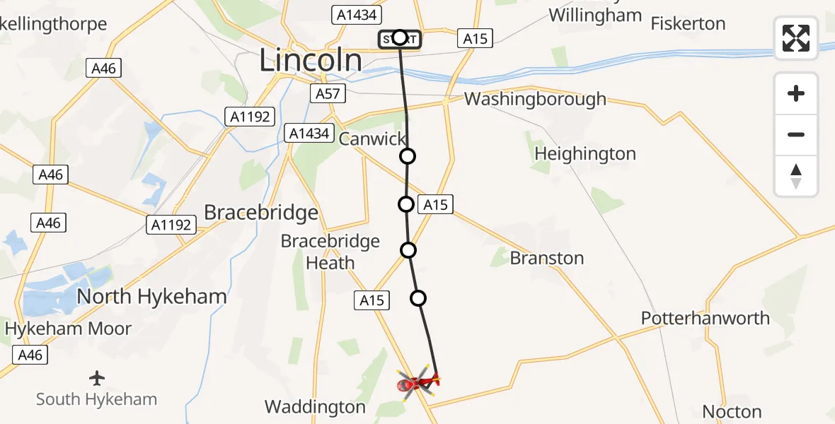Flight route Air Ambulance Helicopter Lincoln County Trauma Unit - North Kesteven, 16 June 2026, 12:24