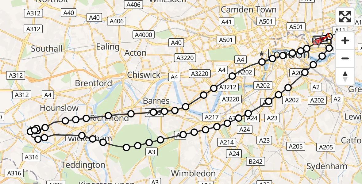 Flight route Air Ambulance Helicopter Royal London Hospital - Royal London Hospital, 16 June 2026, 12:24
