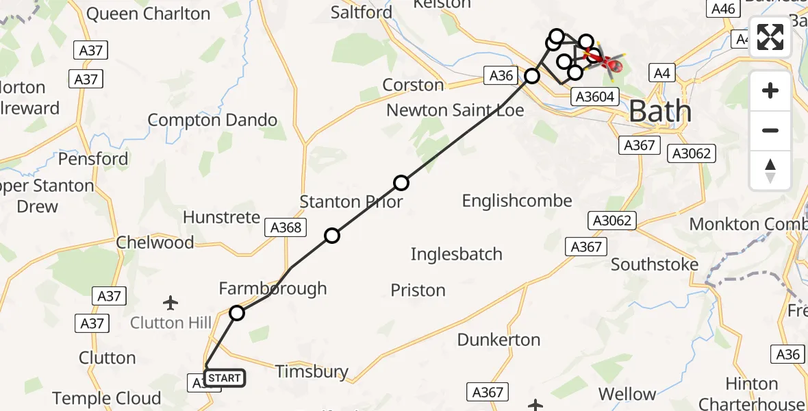 Flight route Air Ambulance Helicopter High Littleton - Bath, 16 June 2026, 12:25