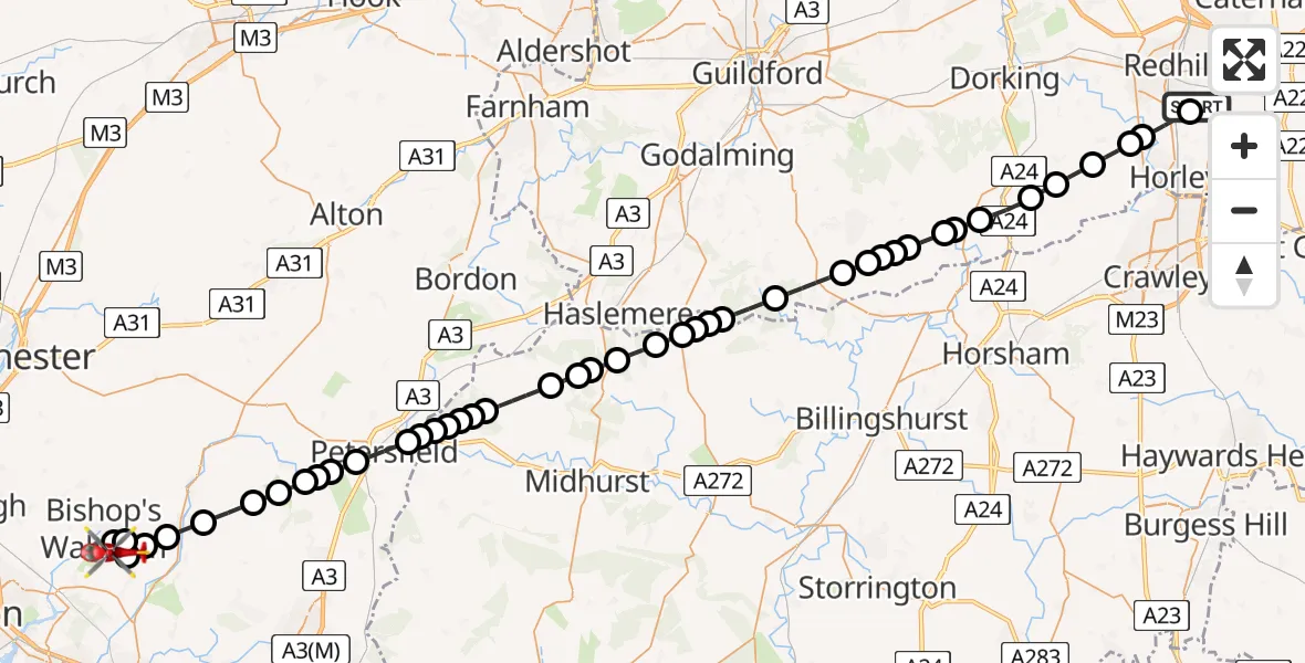 Flight route Air Ambulance Helicopter Redhill Aerodrome - Waltham Chase, 16 June 2026, 12:30