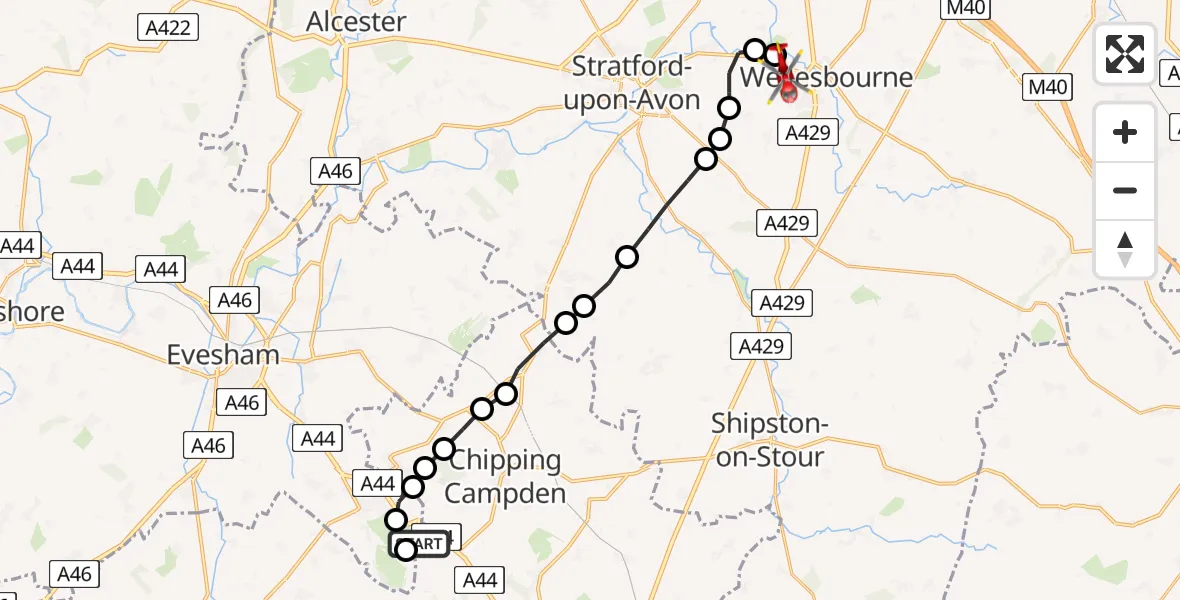 Flight route Air Ambulance Helicopter Broadway - Charlecote, 16 June 2026, 12:30