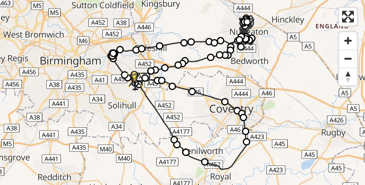 Flight route Police Helicopter Birmingham Airport - Birmingham Airport, 16 June 2026, 12:44