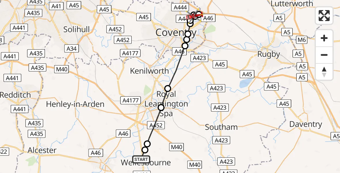 Flight route Air Ambulance Helicopter Charlecote - Wood End, 16 June 2026, 12:49
