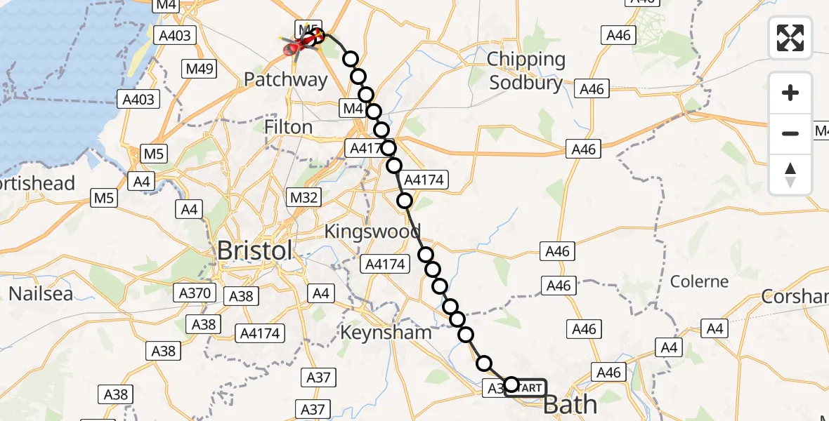 Flight route Air Ambulance Helicopter Royal United Hospital Bath - Almondsbury Helicopter Base, 16 June 2026, 12:51