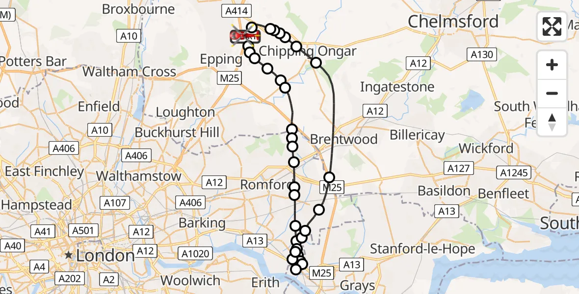 Flight route Air Ambulance Helicopter North Weald Airfield - North Weald Airfield, 16 June 2026, 12:56