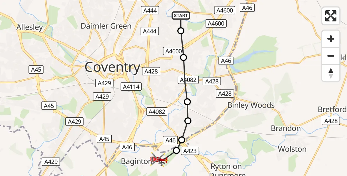 Flight route Air Ambulance Helicopter Henley Green - Coventry Airport, 16 June 2026, 13:11
