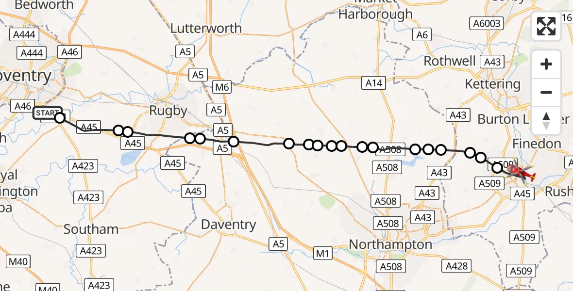 Flight route Air Ambulance Helicopter Rugby - Wellingborough, 16 June 2026, 13:33