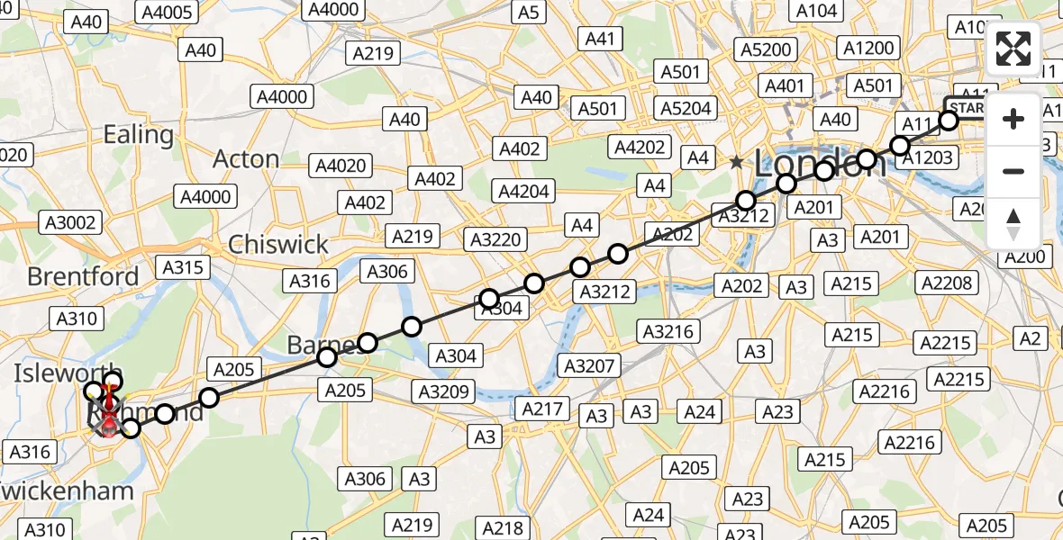 Flight route Air Ambulance Helicopter Royal London Hospital - St Margarets, 16 June 2026, 13:36
