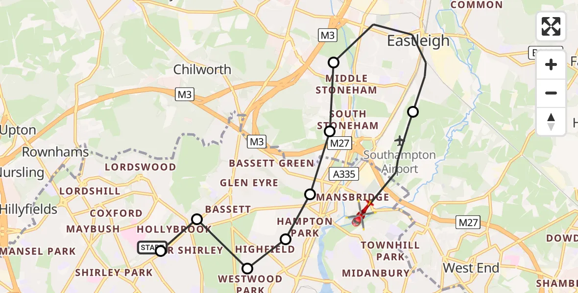 Flight route Air Ambulance Helicopter University Hospital Southampton - Mansbridge, 16 June 2026, 13:43