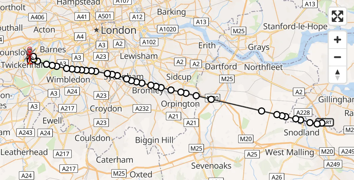 Flight route Air Ambulance Helicopter Rochester Airport - St Margarets, 16 June 2026, 13:46