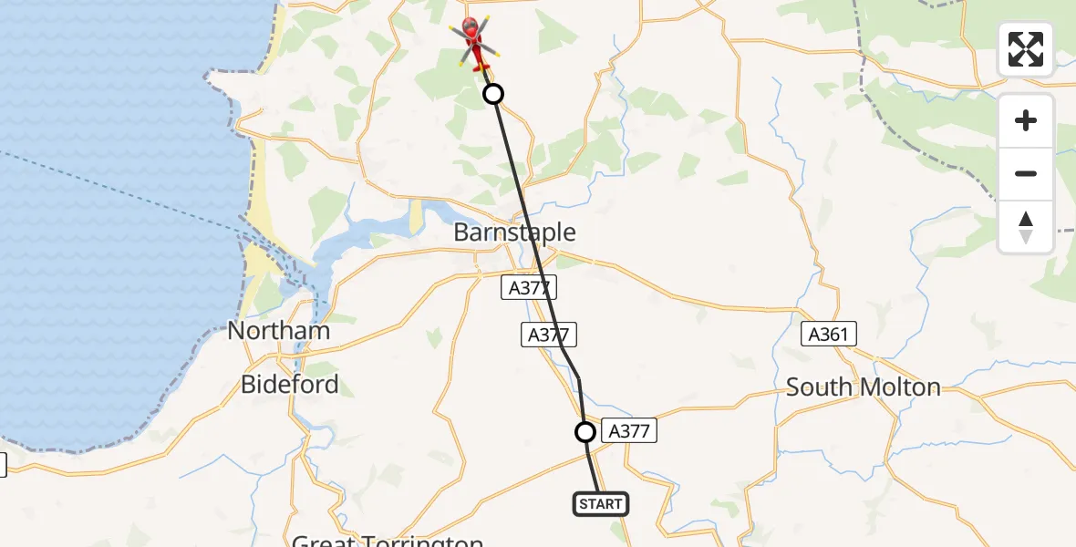 Flight route Air Ambulance Helicopter Atherington - North Devon, 16 June 2026, 13:53