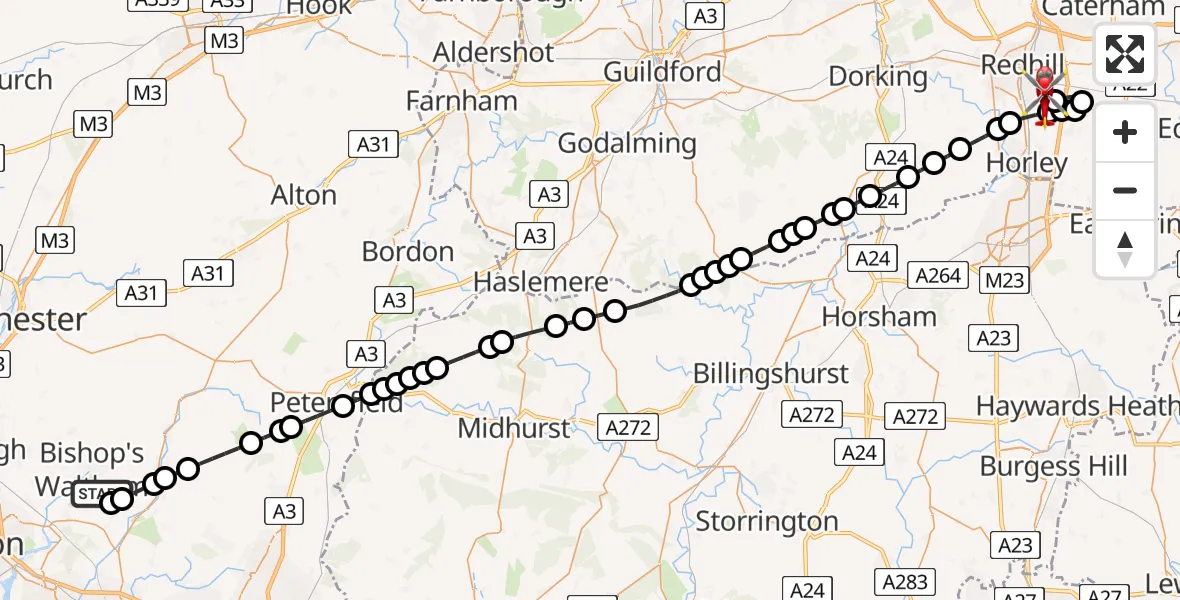 Flight route Air Ambulance Helicopter Waltham Chase - Redhill Aerodrome, 16 June 2026, 13:53