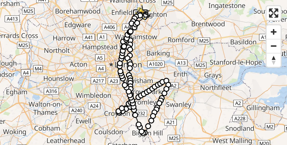 Flight route Police Helicopter Chingford - Sewardstonebury, 16 June 2026, 13:54