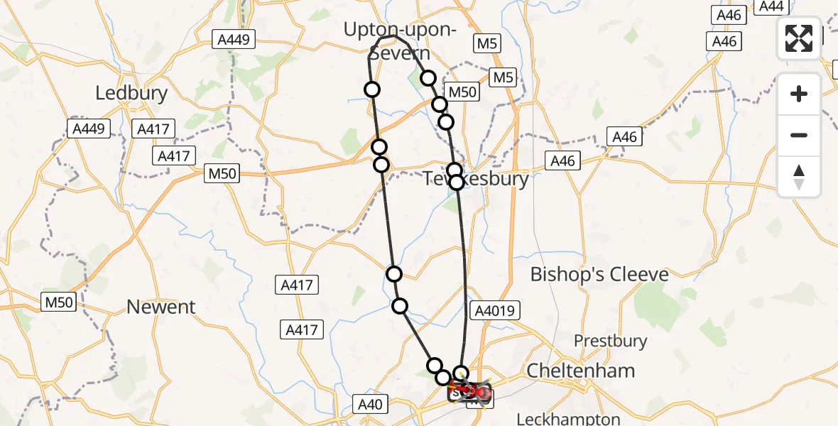 Flight route Air Ambulance Helicopter Gloucestershire Airport - Tewkesbury, 16 June 2026, 14:05