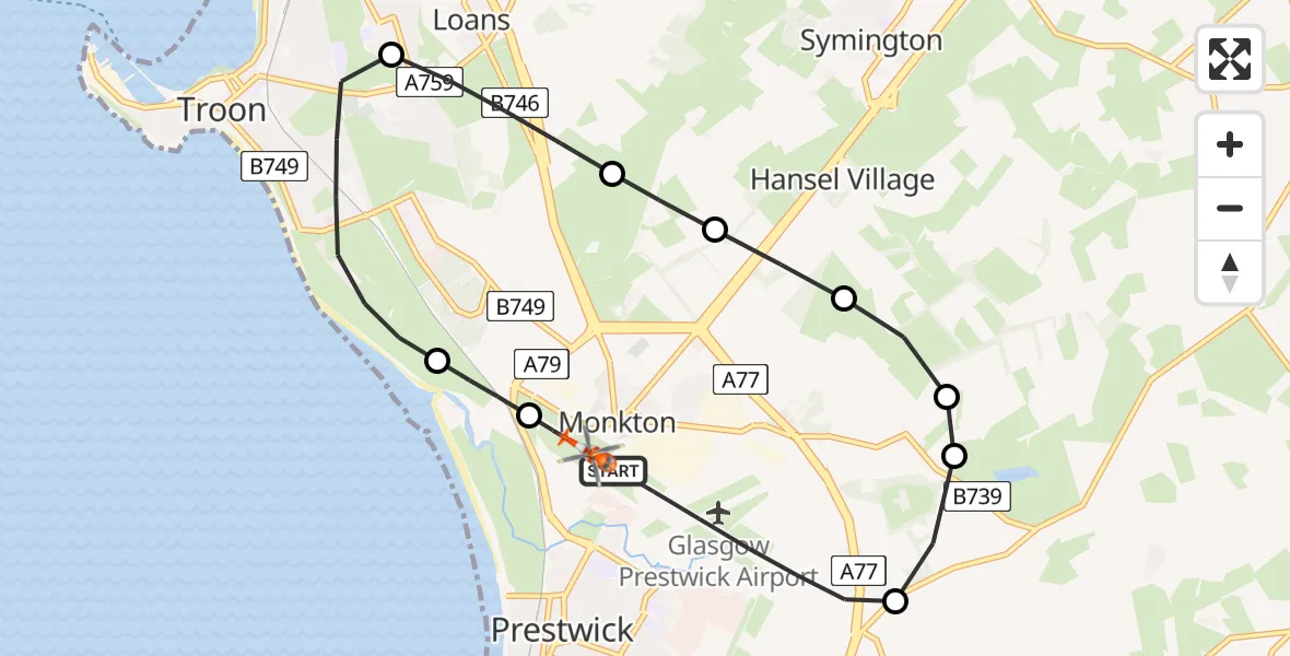 Flight route Coastguard Helicopter Glasgow Prestwick Airport - Glasgow Prestwick Airport, 16 June 2026, 14:08