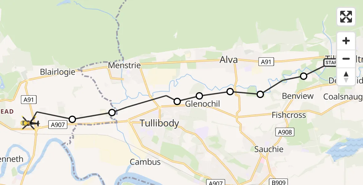 Flight route Police Helicopter Tillicoultry - Manor Powis, 16 June 2026, 14:08