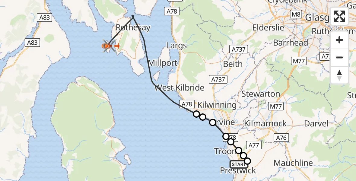 Flight route Coastguard Helicopter Glasgow Prestwick Airport - Inner Seas, 16 June 2026, 14:19