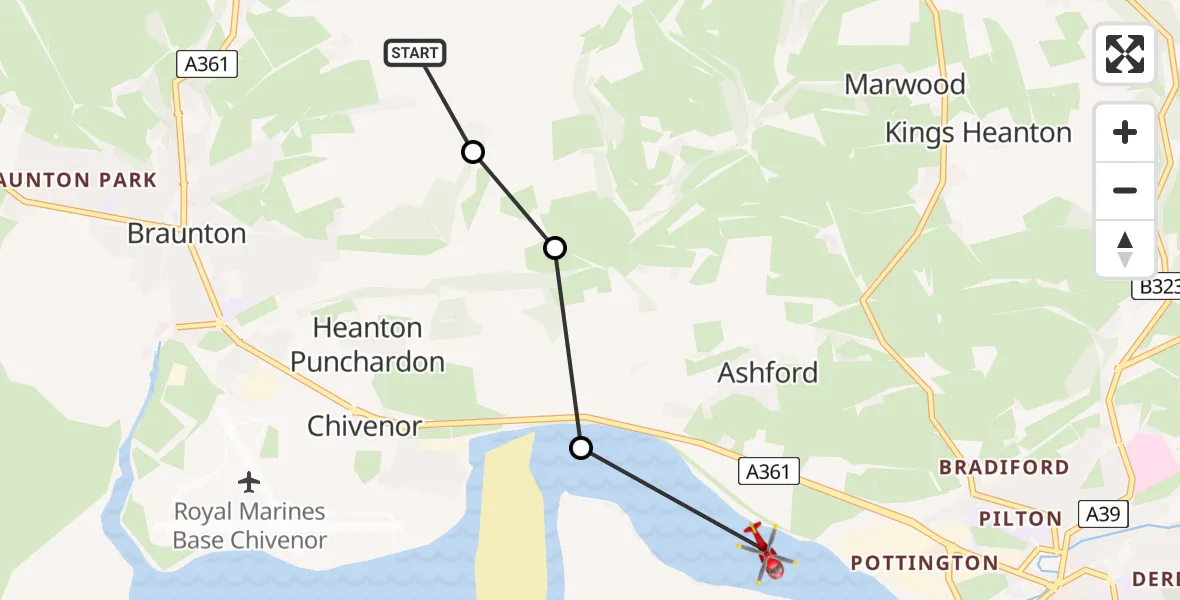 Flight route Air Ambulance Helicopter Knowle - Bickington, 16 June 2026, 14:35