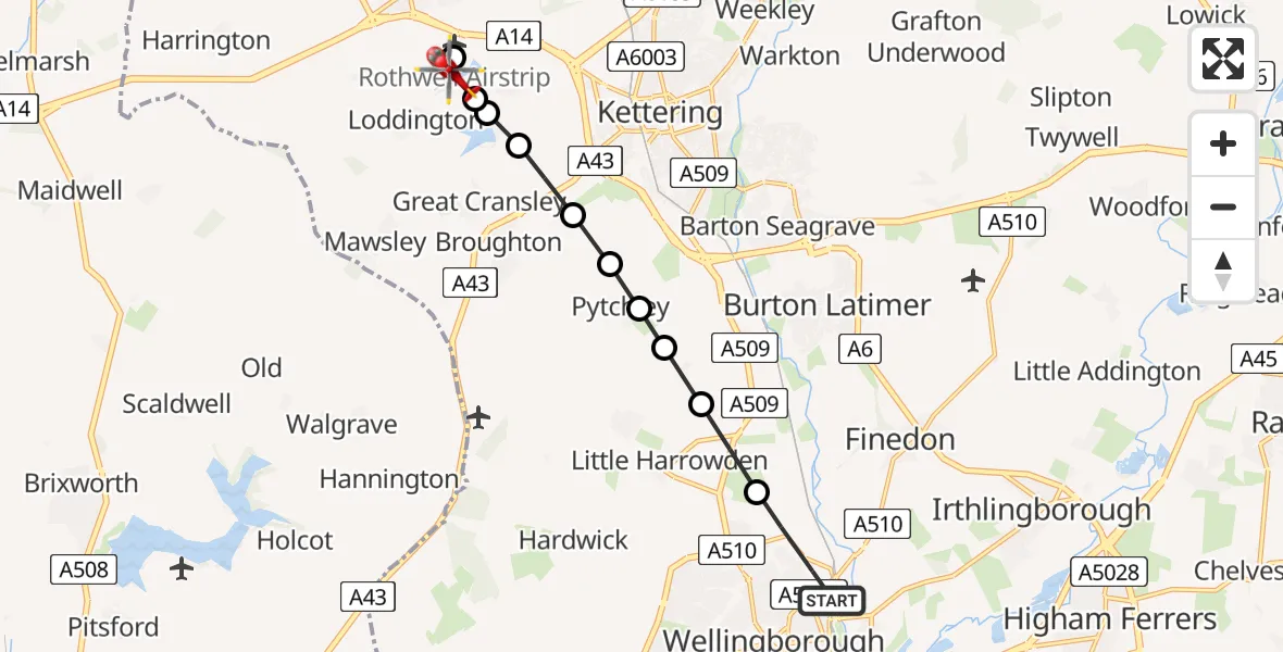 Flight route Air Ambulance Helicopter Wellingborough - Rothwell Lodge Farm Airstrip, 16 June 2026, 14:36