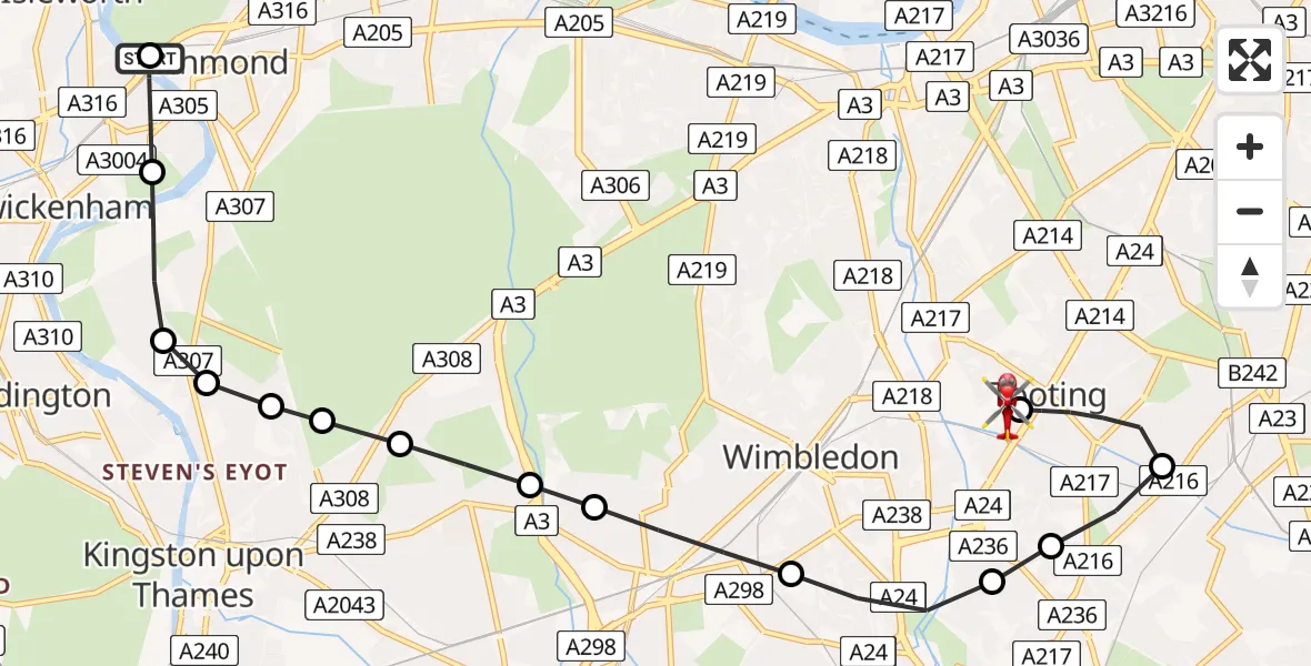 Flight route Air Ambulance Helicopter St Margarets - St Georges Hospital, 16 June 2026, 14:40