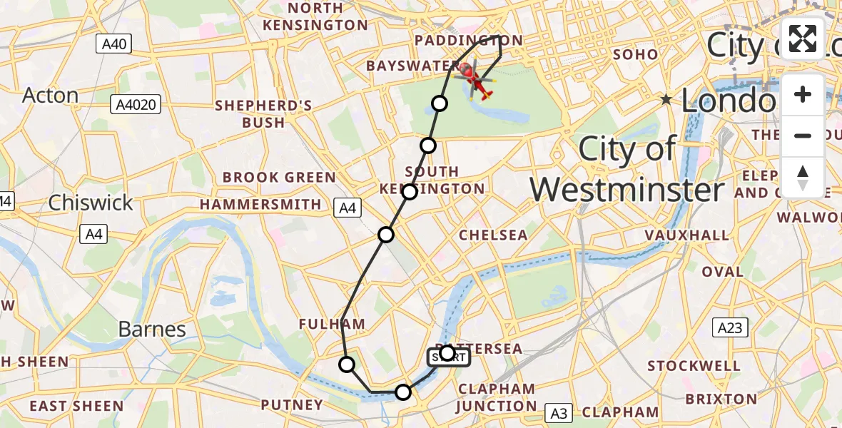 Flight route Air Ambulance Helicopter London Heliport - City of Westminster, 16 June 2026, 14:45