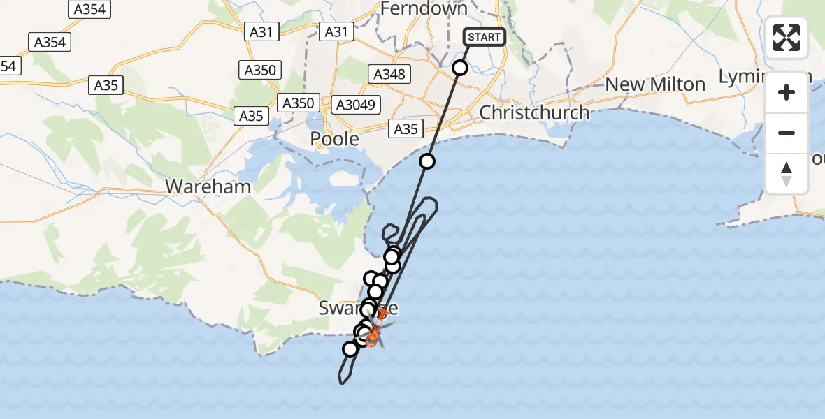 Flight route Coastguard Helicopter Bournemouth Airport - English Channel, 16 June 2026, 14:55