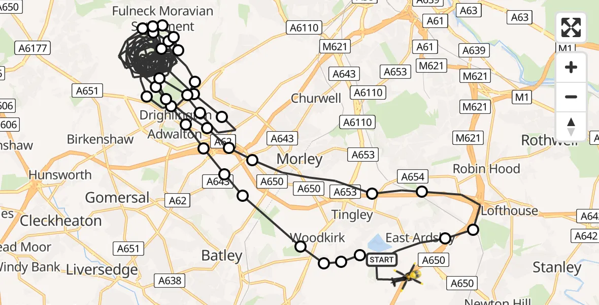 Flight route Police Helicopter East Ardsley - East Ardsley, 16 June 2026, 14:59