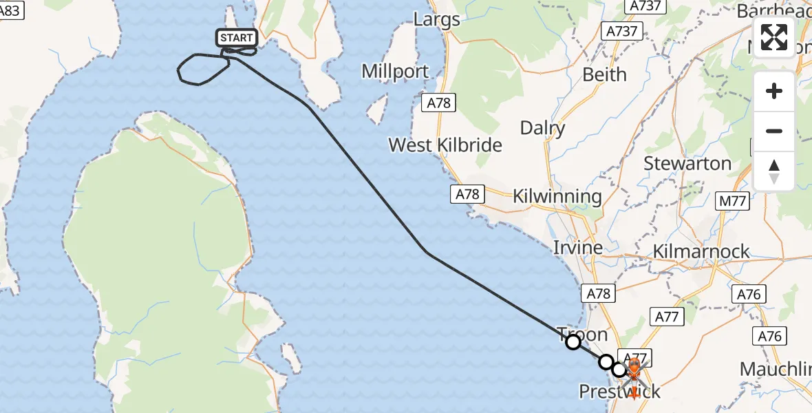Flight route Coastguard Helicopter Inner Seas - Glasgow Prestwick Airport, 16 June 2026, 15:22