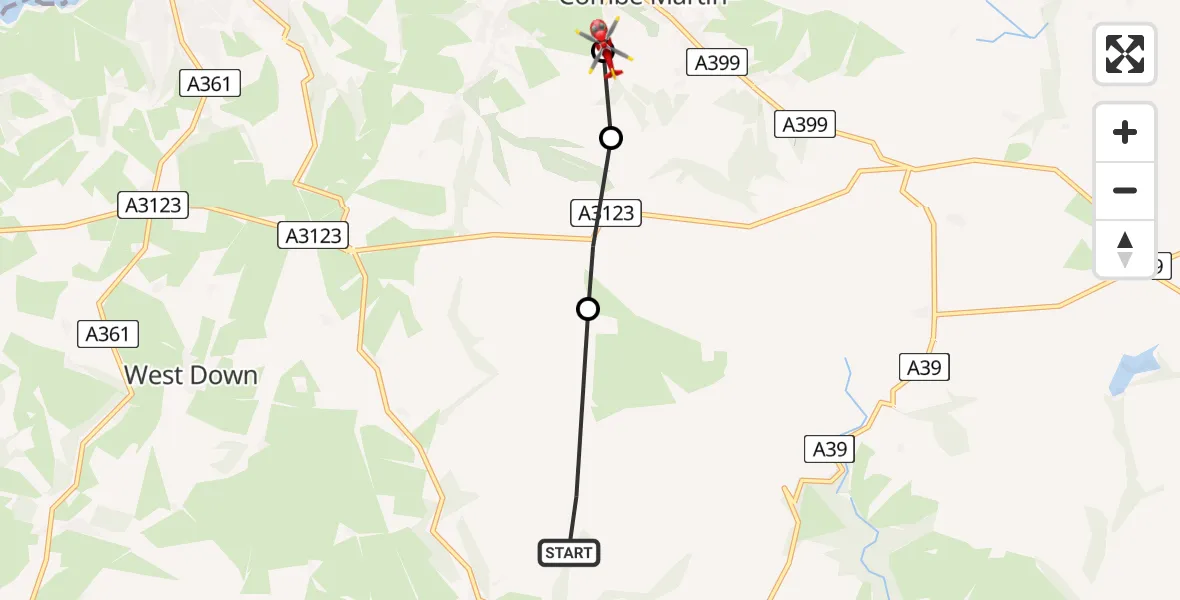 Flight route Air Ambulance Helicopter Muddiford - Combe Martin, 16 June 2026, 15:24