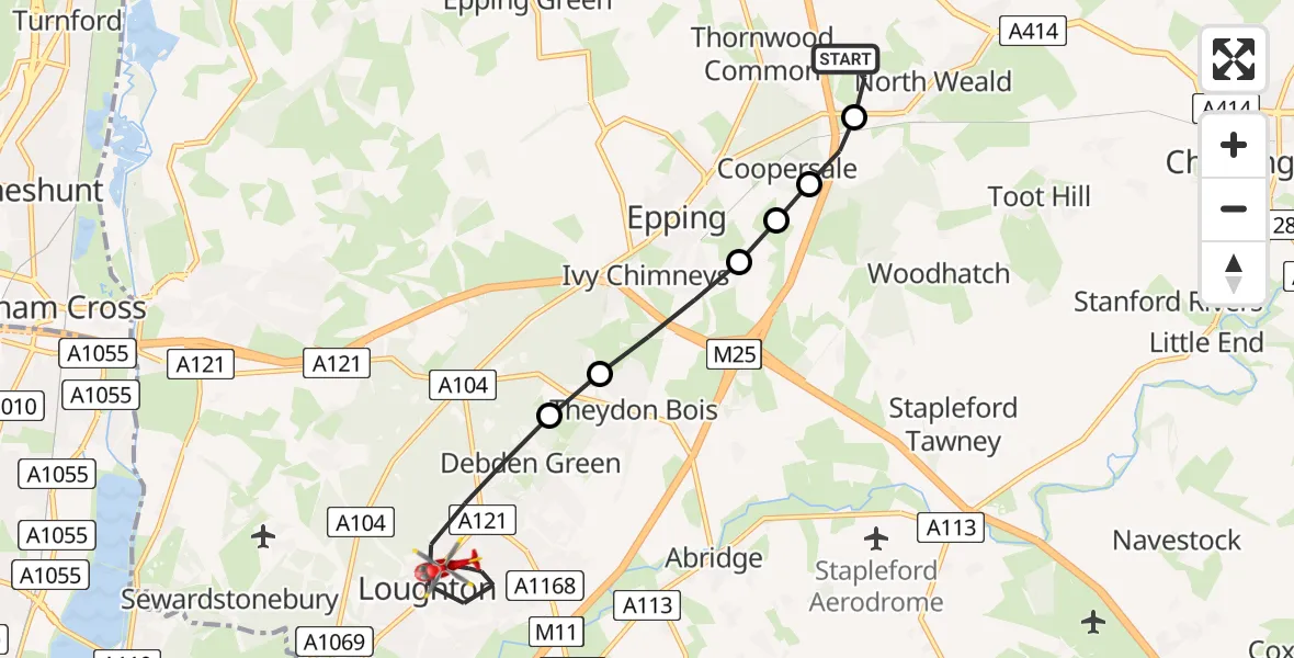 Flight route Air Ambulance Helicopter North Weald Airfield - Loughton, 16 June 2026, 15:38