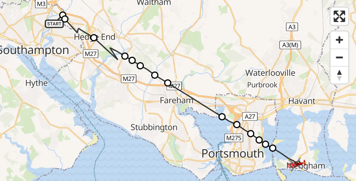 Flight route Air Ambulance Helicopter Bitterne Park - Havant, 16 June 2026, 15:38