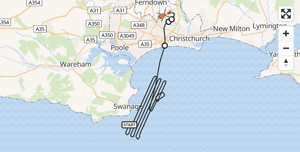 Flight route Coastguard Helicopter English Channel - Bournemouth Airport, 16 June 2026, 15:39