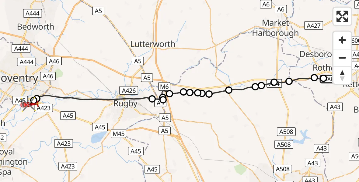 Flight route Air Ambulance Helicopter Rothwell - Coventry Airport, 16 June 2026, 15:43