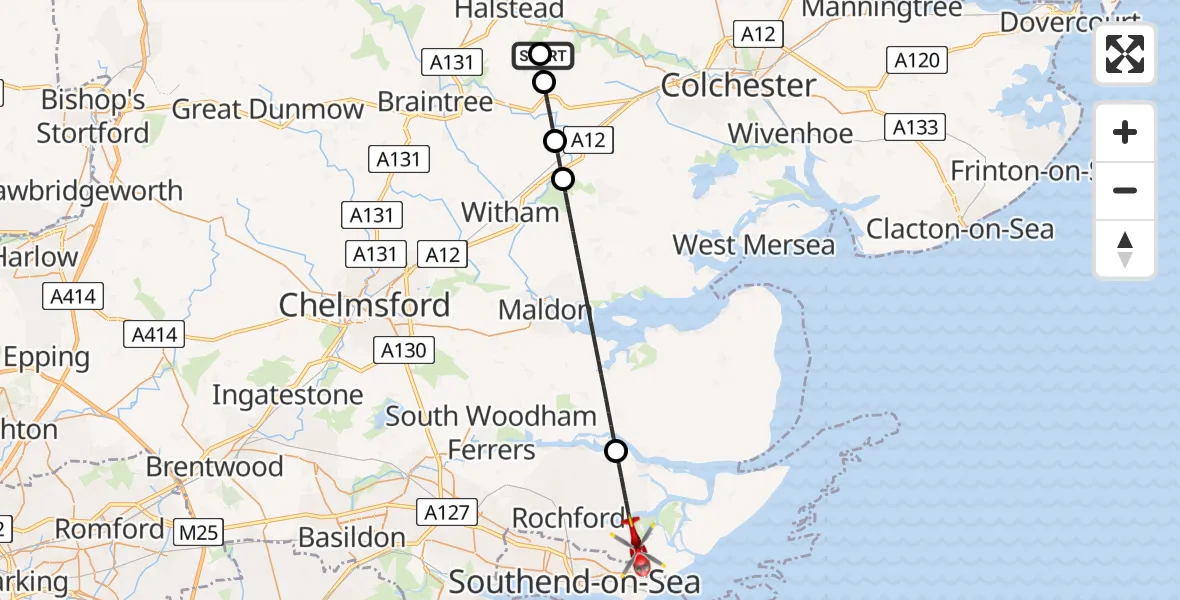 Flight route Air Ambulance Helicopter Earls Colne Airfield - Rochford, 16 June 2026, 15:44