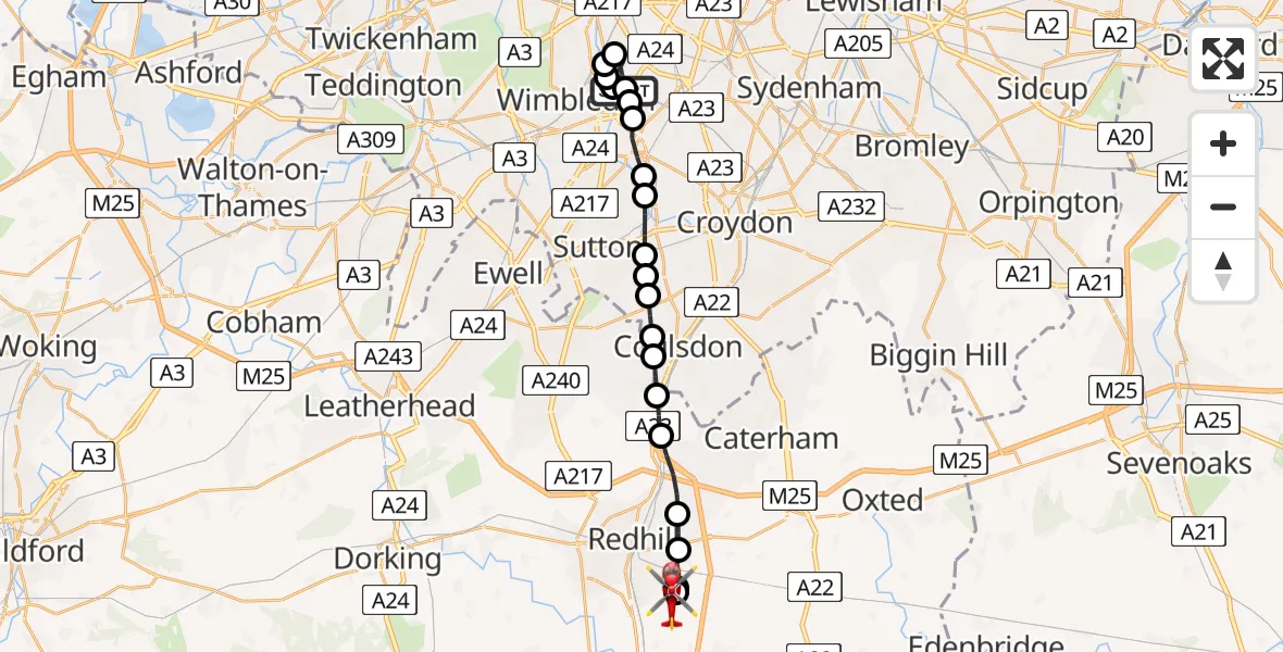 Flight route Air Ambulance Helicopter St Georges Hospital - Redhill Aerodrome, 16 June 2026, 15:55
