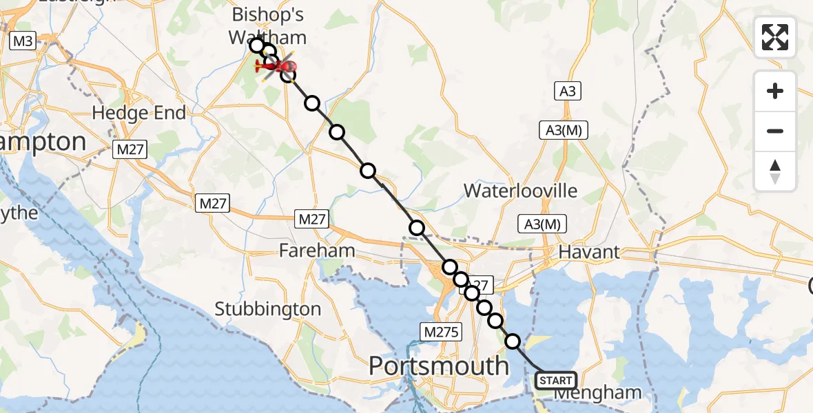 Flight route Air Ambulance Helicopter Havant - Waltham Chase, 16 June 2026, 16:23