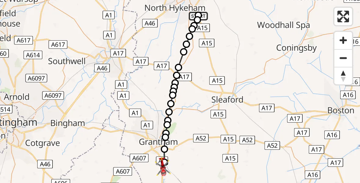 Flight route Air Ambulance Helicopter RAF Waddington - Great Ponton, 16 June 2026, 16:24